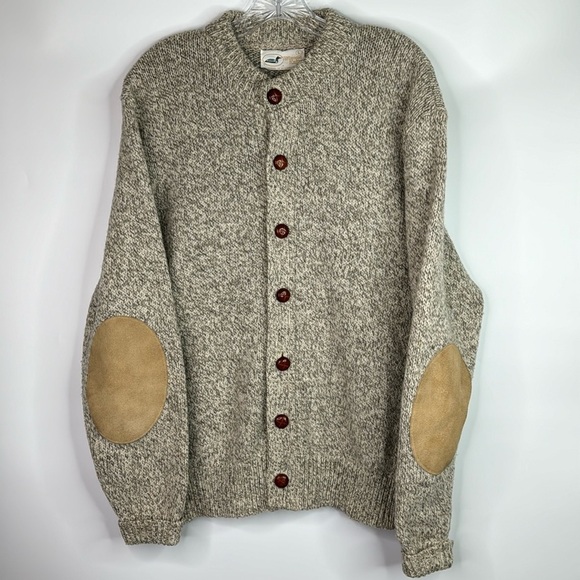 Vintage Winona Knits Oatmeal Patch Elbow Wool Cardigan Sweater Large - Picture 1 of 9